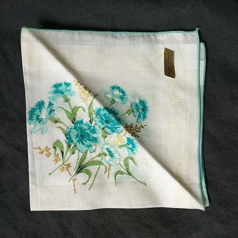 VTG Handkerchief Hankie Pocket Square White Blue Floral Bouquet Cotton New 12"